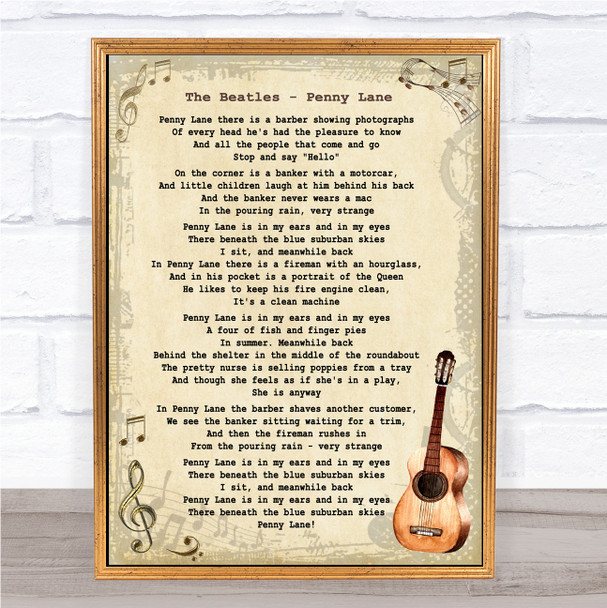 The Beatles Penny Lane Song Lyric Vintage Music Wall Art Print