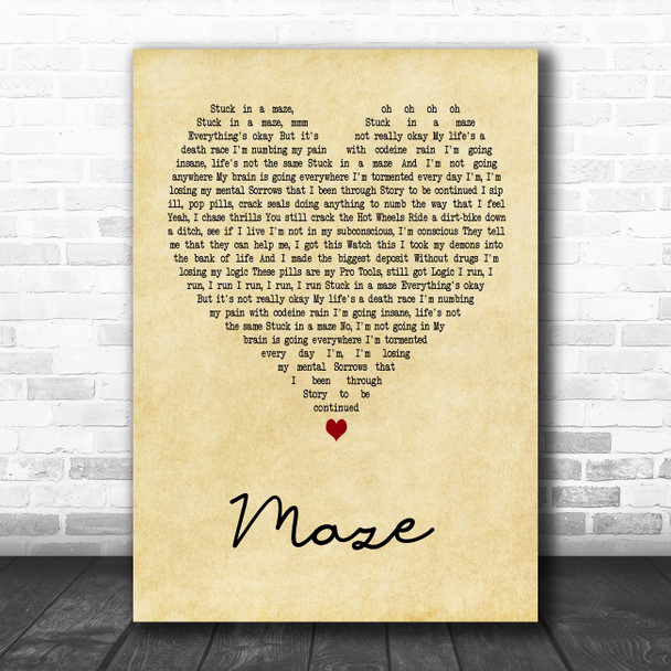 Juice WRLD Maze Vintage Heart Song Lyric Art Print