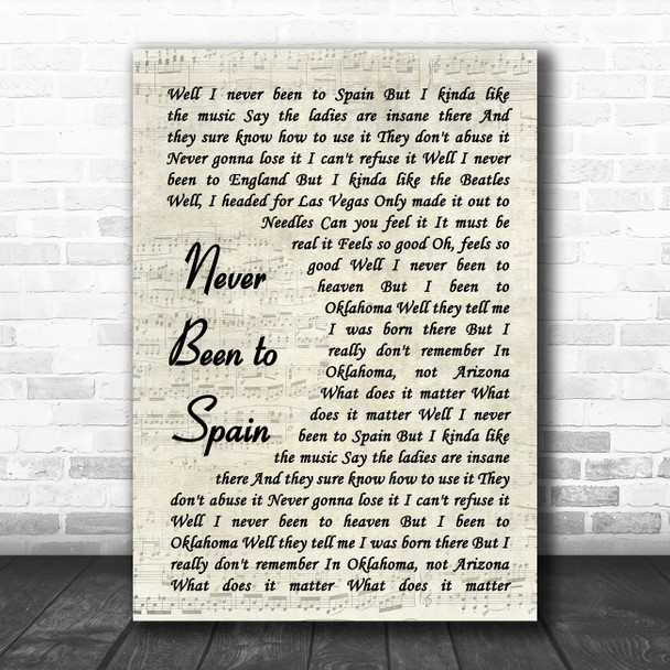 Three Dog Night Never Been to Spain Vintage Script Song Lyric Art Print