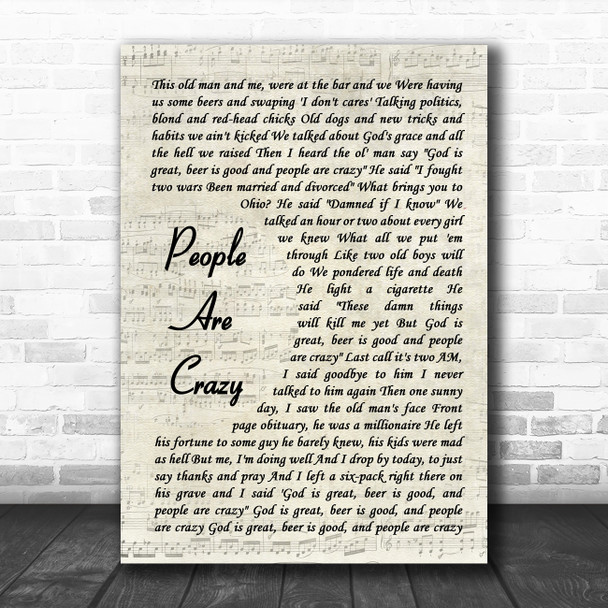 Billy Currington People Are Crazy Vintage Script Song Lyric Art Print