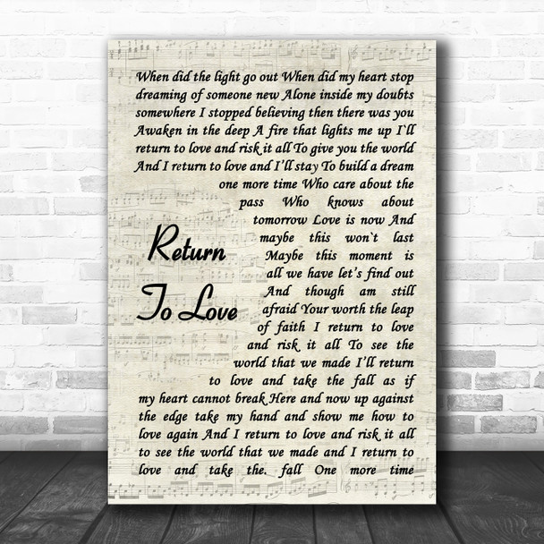 Andrea Bocelli Return To Love Vintage Script Song Lyric Art Print