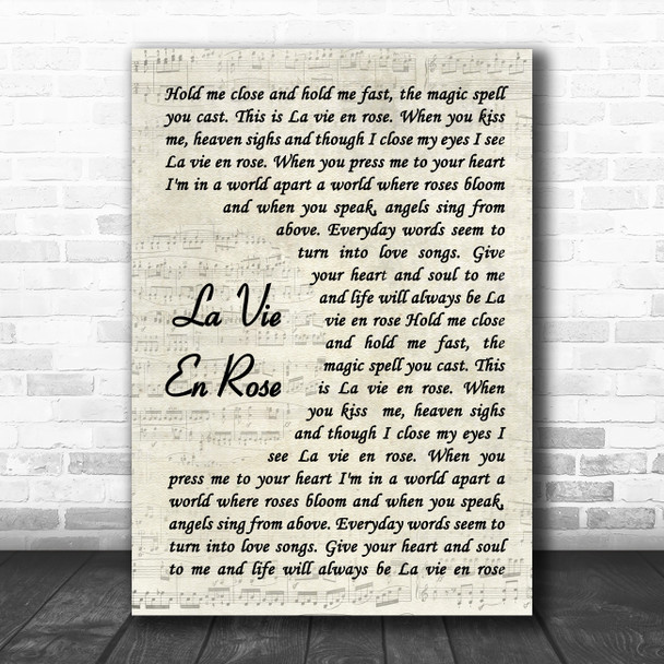 Edith Piaf La Vie En Rose Vintage Script Song Lyric Art Print