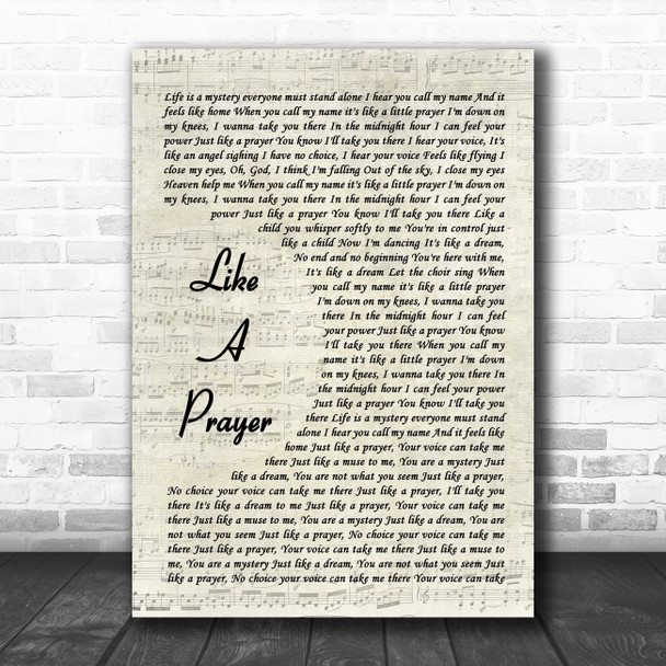 Madonna Like A Prayer Vintage Script Song Lyric Art Print