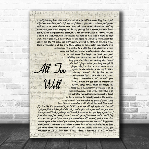 Taylor Swift All Too Well Vintage Script Song Lyric Art Print