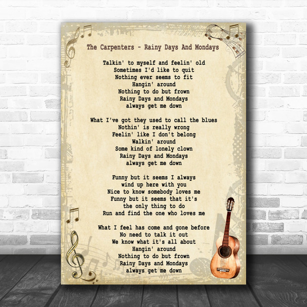 The Carpenters Rainy Days And Mondays Song Lyric Vintage Music Wall Art Print