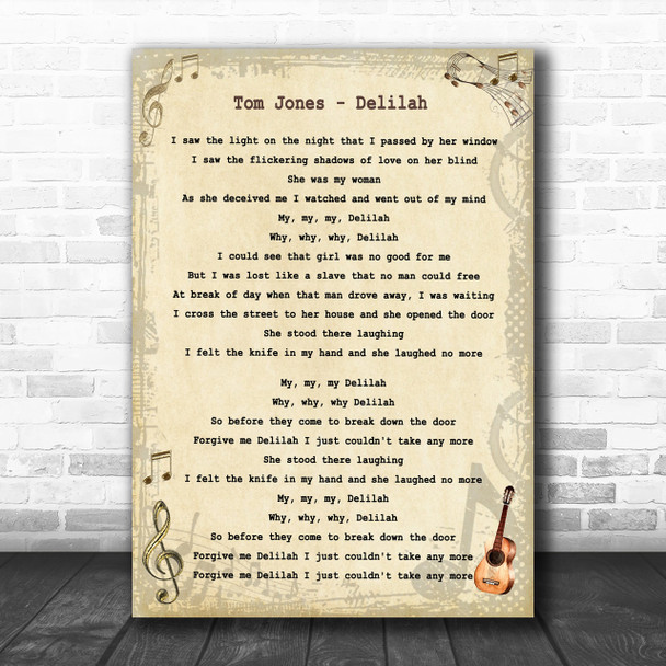 Tom Jones Delilah Vintage Guitar Song Lyric Music Wall Art Print