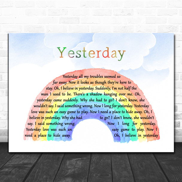 The Beatles Yesterday Watercolour Rainbow & Clouds Song Lyric Art Print