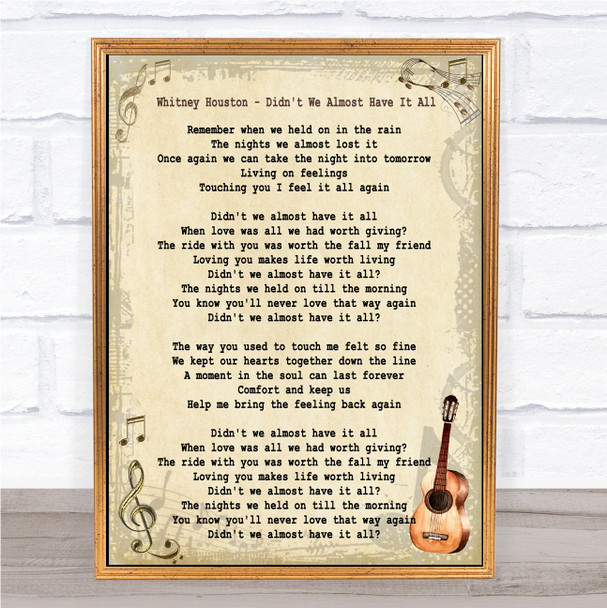 Whitney Houston Didn't We Almost Have It All Song Lyric Vintage Music Wall Art Print
