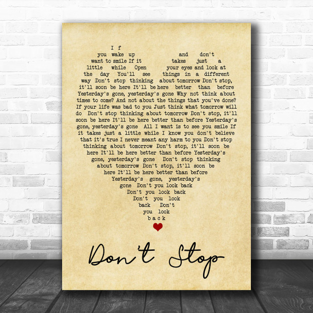 Don't Stop Fleetwood Mac Vintage Heart Song Lyric Music Wall Art Print