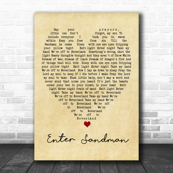 Enter Sandman Metallica Vintage Heart Song Lyric Music Wall Art Print