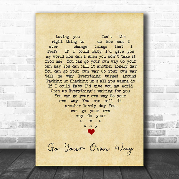 Go Your Own Way Fleetwood Mac Vintage Heart Song Lyric Music Wall Art Print