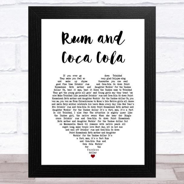 The Andrews Sisters Rum and Coca Cola White Heart Song Lyric Art Print