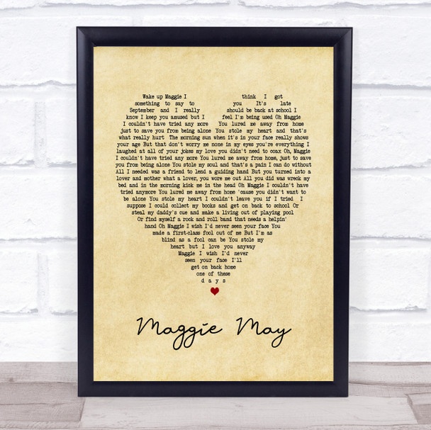 Maggie May Rod Stewart Vintage Heart Song Lyric Music Wall Art Print