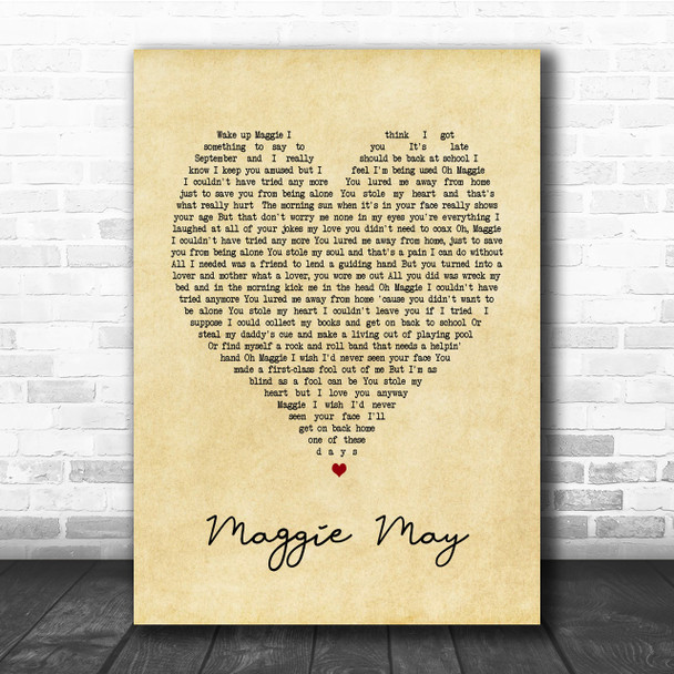 Maggie May Rod Stewart Vintage Heart Song Lyric Music Wall Art Print