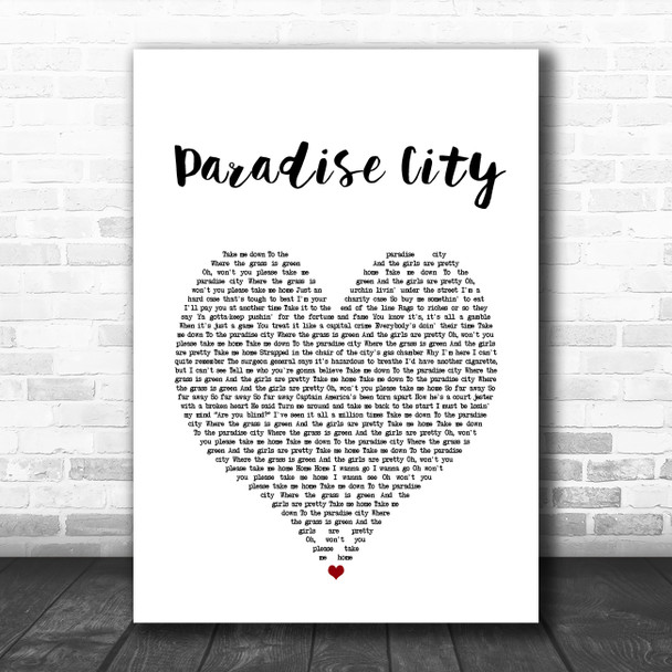 Guns N' Roses Paradise City White Heart Song Lyric Art Print