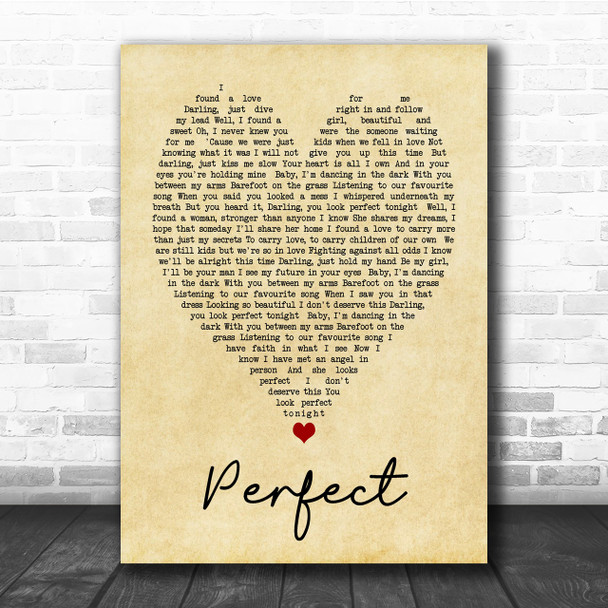 Perfect Ed Sheeran Vintage Heart Song Lyric Music Wall Art Print