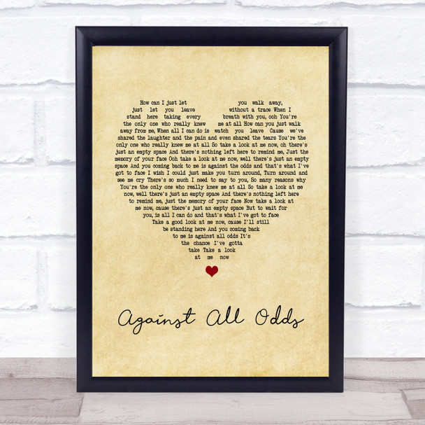 Phil Collins Against All Odds Vintage Heart Song Lyric Music Wall Art Print