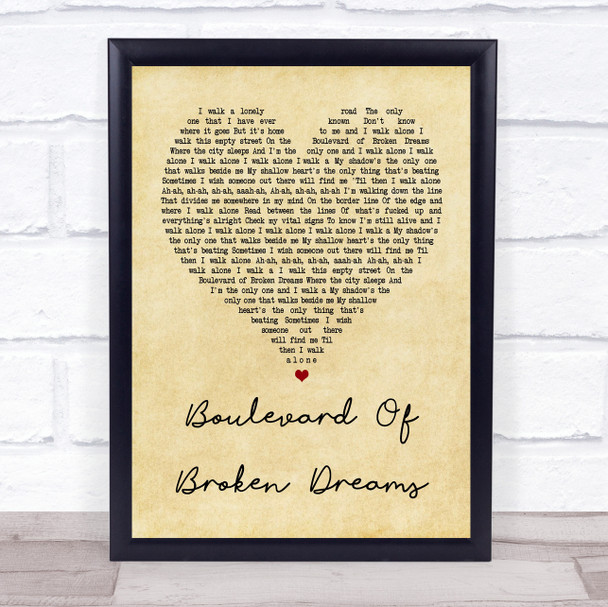 Green Day Boulevard Of Broken Dreams Vintage Heart Song Lyric Music Wall Art Print