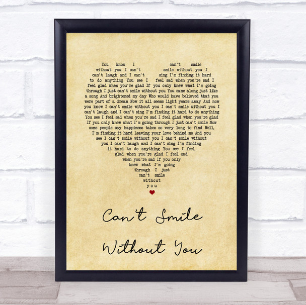 Barry Manilow Can't Smile Without You Vintage Heart Song Lyric Music Wall Art Print