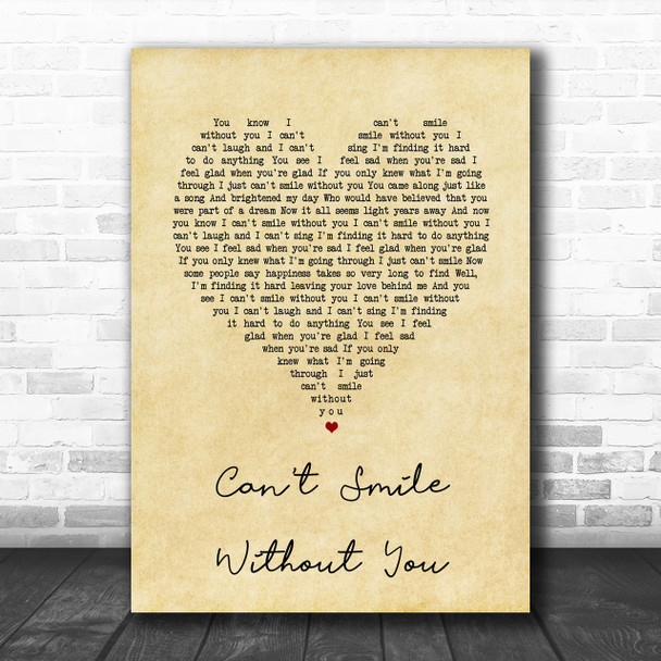 Barry Manilow Can't Smile Without You Vintage Heart Song Lyric Music Wall Art Print