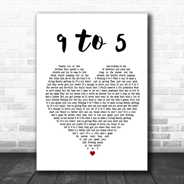 Dolly Parton 9 To 5 White Heart Song Lyric Art Print