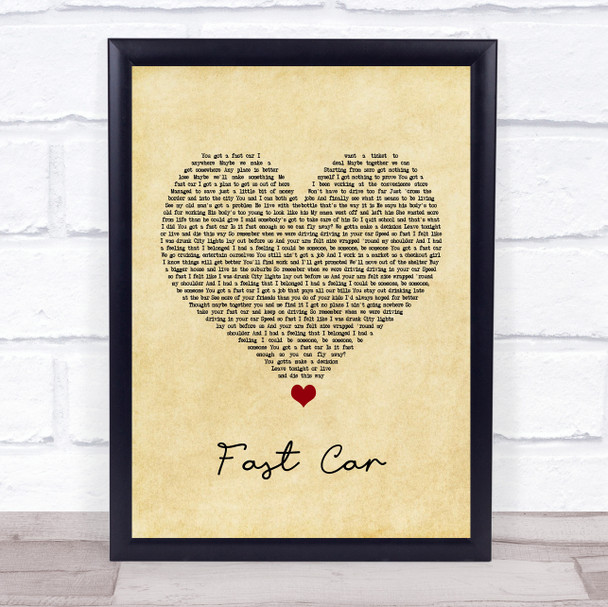 Tracy Chapman Fast Car Vintage Heart Song Lyric Music Wall Art Print