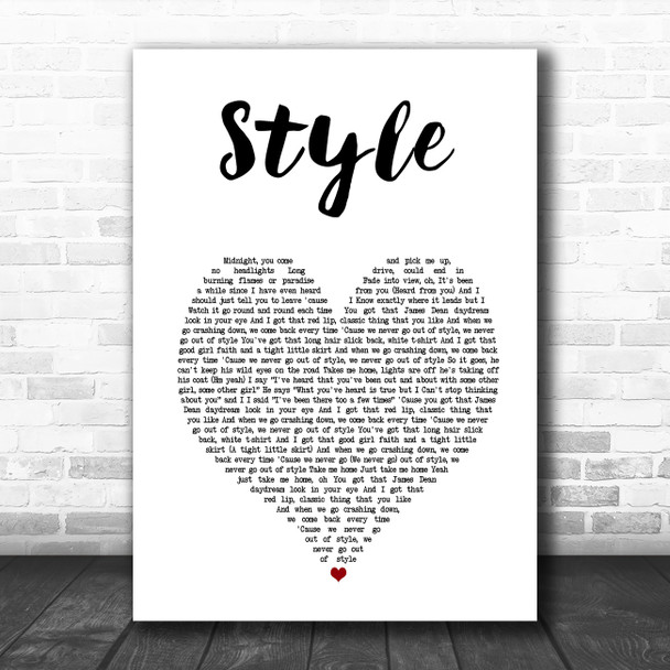 Taylor Swift Style White Heart Song Lyric Art Print