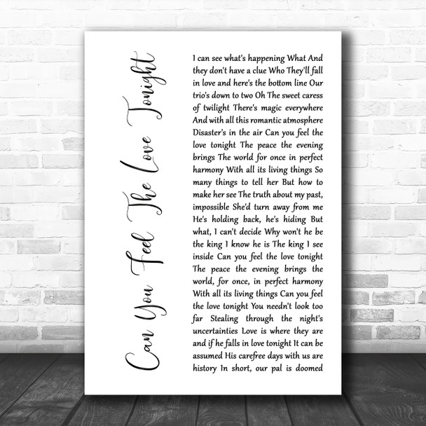 The Lion King Can You Feel The Love Tonight White Script Song Lyric Art Print