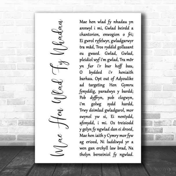 Weslsh National Anthem Mae Hen Wlad Fy Nhadau White Script Song Lyric Art Print