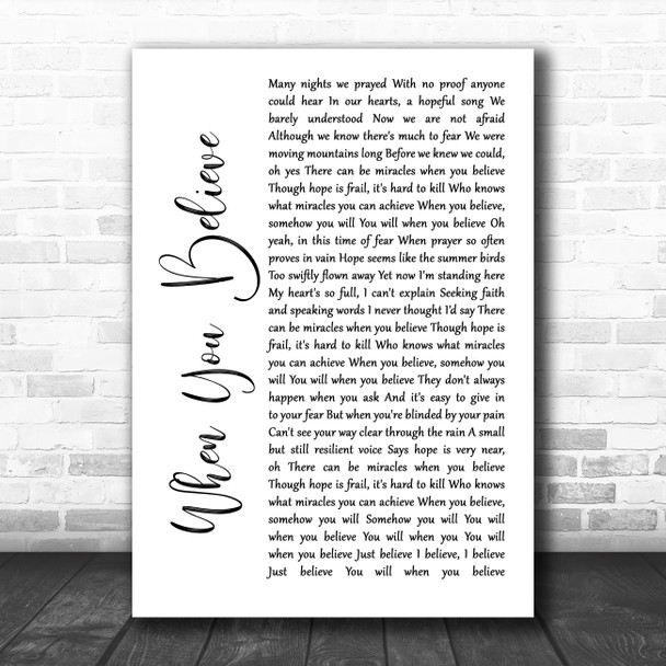 Whitney Houston & Mariah Carey When You Believe White Script Song Lyric Art Print