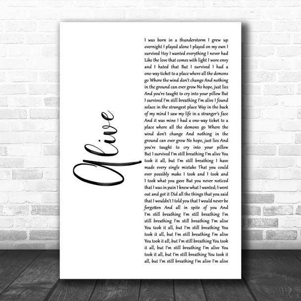 Sia Alive White Script Song Lyric Art Print