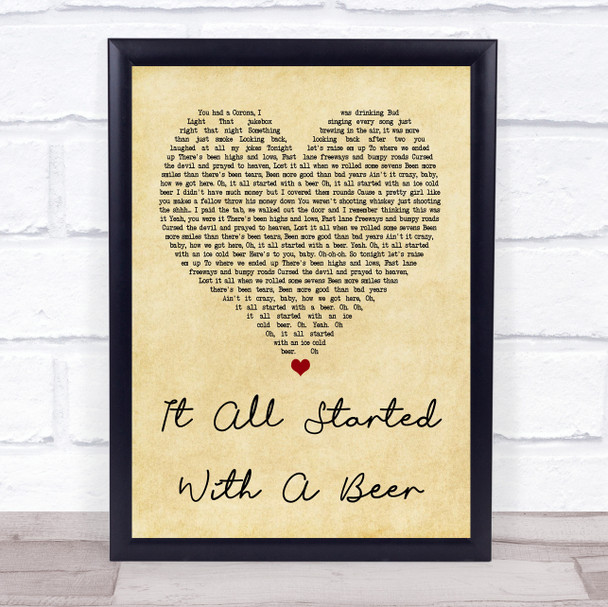 Frankie Ballard It All Started With A Beer Vintage Heart Song Lyric Music Wall Art Print