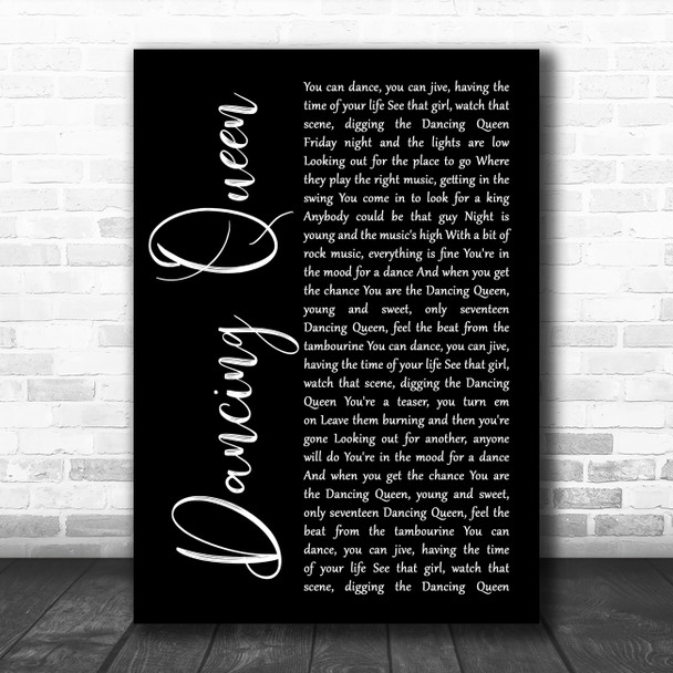 ABBA Dancing Queen Black Script Decorative Wall Art Gift Song Lyric Print