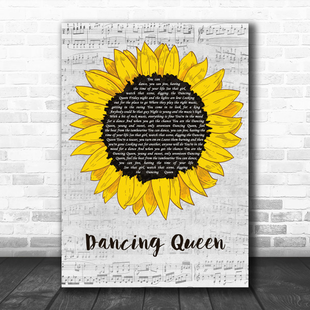 ABBA Dancing Queen Grey Script Sunflower Decorative Wall Art Gift Song Lyric Print