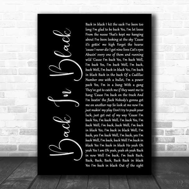 ACDC Back In Black Black Script Decorative Wall Art Gift Song Lyric Print