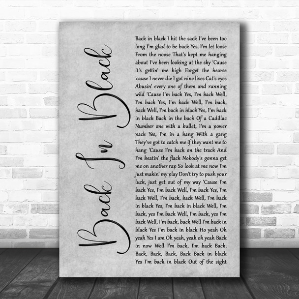 ACDC Back In Black Grey Rustic Script Decorative Wall Art Gift Song Lyric Print