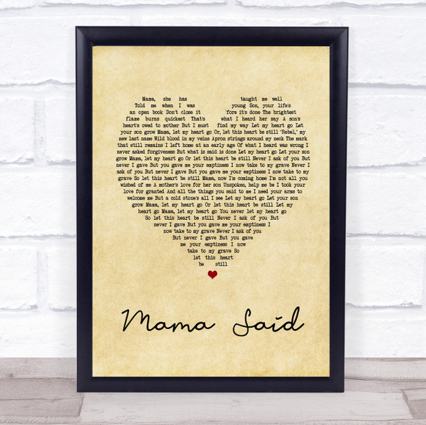 Metallica Mama Said Vintage Heart Song Lyric Music Wall Art Print