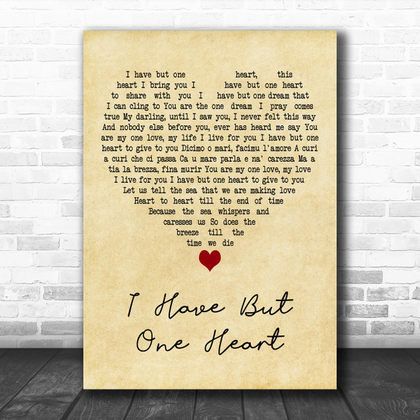 Al Martino I Have But One Heart Vintage Heart Decorative Wall Art Gift Song Lyric Print