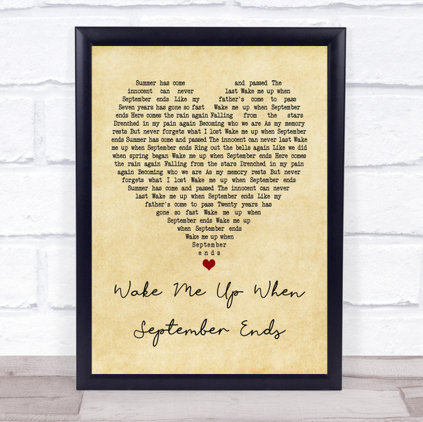 Green Day Wake Me Up When September Ends Vintage Heart Song Lyric Music Wall Art Print