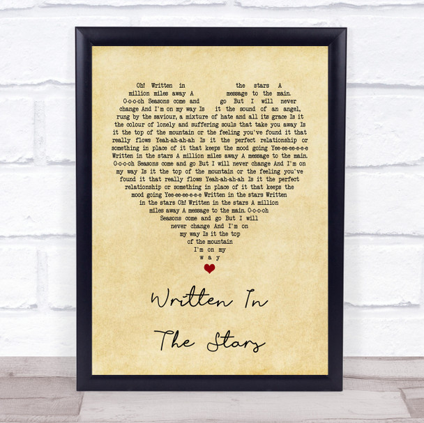 Tinie Tempah Written In The Stars Vintage Heart Song Lyric Music Wall Art Print