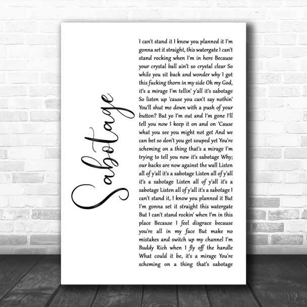Beastie Boys Sabotage White Script Decorative Wall Art Gift Song Lyric Print