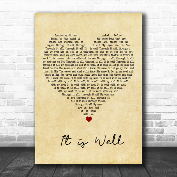 Bethel Music It Is Well Vintage Heart Decorative Wall Art Gift Song Lyric Print