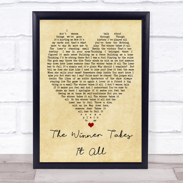The Winner Takes It All ABBA Vintage Heart Song Lyric Music Wall Art Print