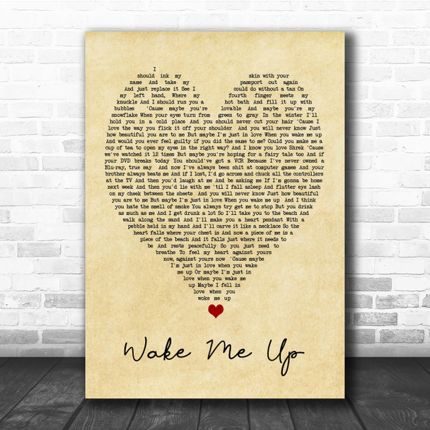 Wake Me Up Ed Sheeran Vintage Heart Song Lyric Music Wall Art Print