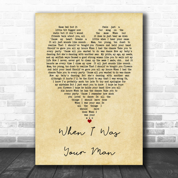 When I Was Your Man Bruno Mars Vintage Heart Song Lyric Music Wall Art Print