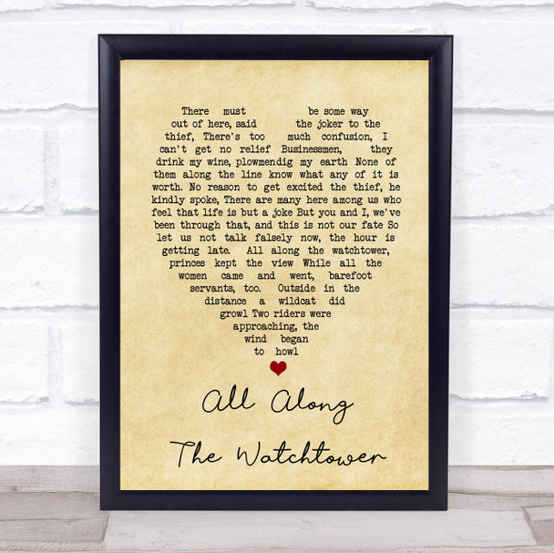 All Along The Watchtower Bob Dylan Vintage Heart Song Lyric Music Wall Art Print