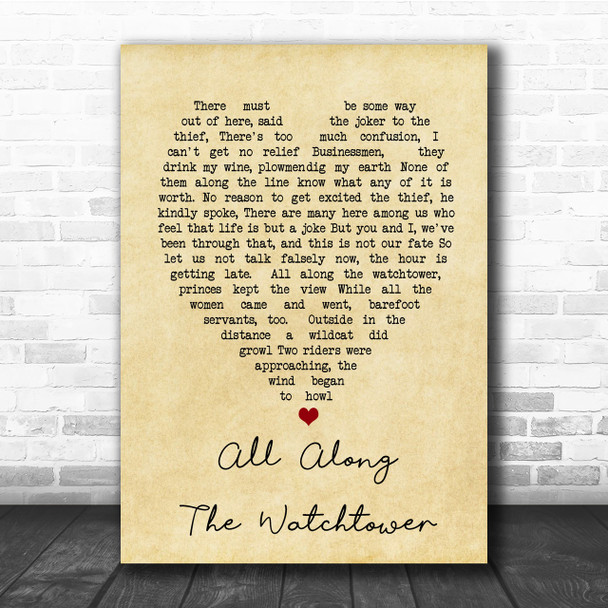 All Along The Watchtower Bob Dylan Vintage Heart Song Lyric Music Wall Art Print