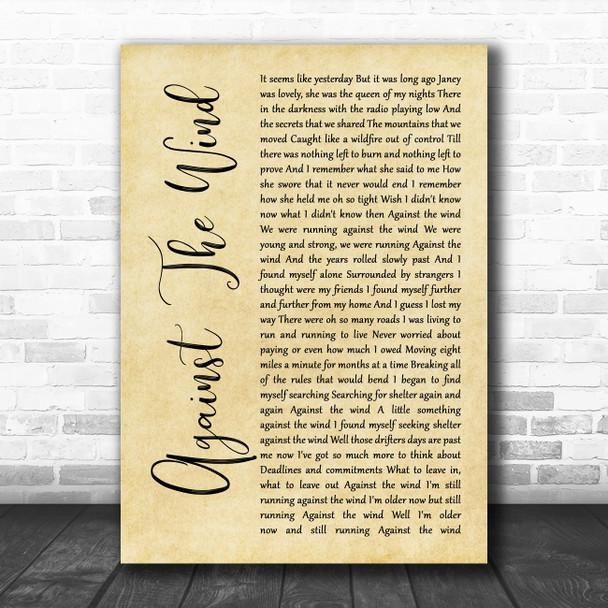 Bob Seger Against The Wind Rustic Script Decorative Wall Art Gift Song Lyric Print