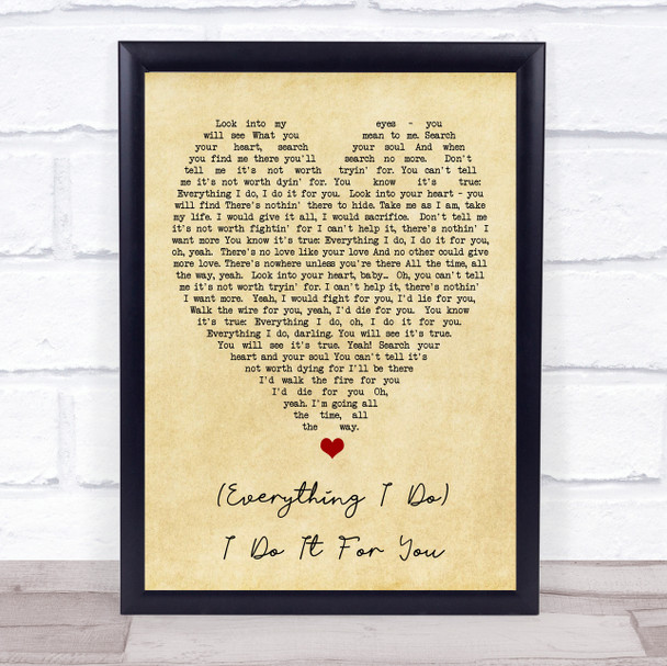 Everything I Do I Do It For You Bryan Adams Vintage Heart Song Lyric Music Wall Art Print