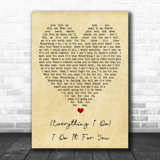 Everything I Do I Do It For You Bryan Adams Vintage Heart Song Lyric Music Wall Art Print
